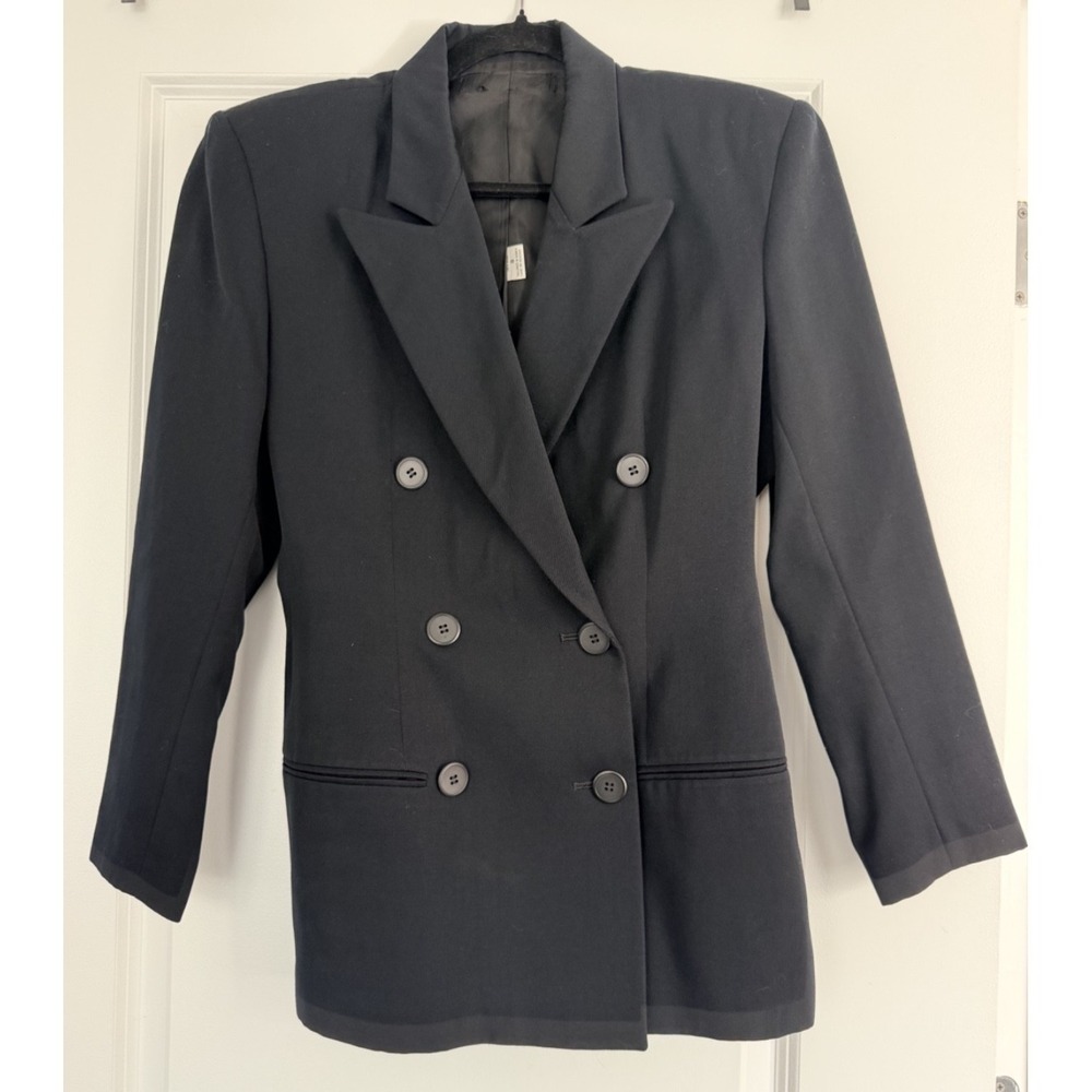 Vintage Womens Navy Wool Blazer Size 8 Double Breasted Shoulder Pad Tailored Kor